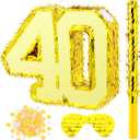 Gold Foil Number Pinata for Birthday Party Decorations Anniversary Celebrations Supplies Favors with Wooden Stick Paper Blindfold Confetti Set for Adult(Number 40)