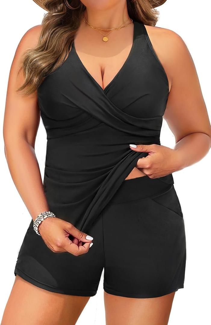 Daci Plus Size Tankini Swimsuit for Women - Two Piece Tummy Control Bathing Suit Tankini Top with Two Pockets Shorts (Black) 24W