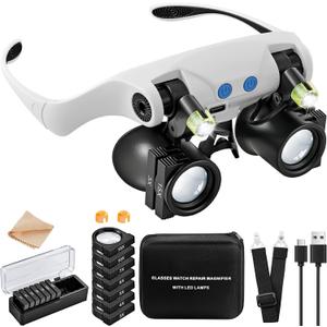 JARLINK Magnifying Glasses with LED Light, Hands Free Magnifier with 14 Interchangeable Lenses 3X 4X 5X 6X 7X 10X 15X, Magnifying Glasses for Close Work, Crafts, Jewelry, Sewing, Electronics Repair
