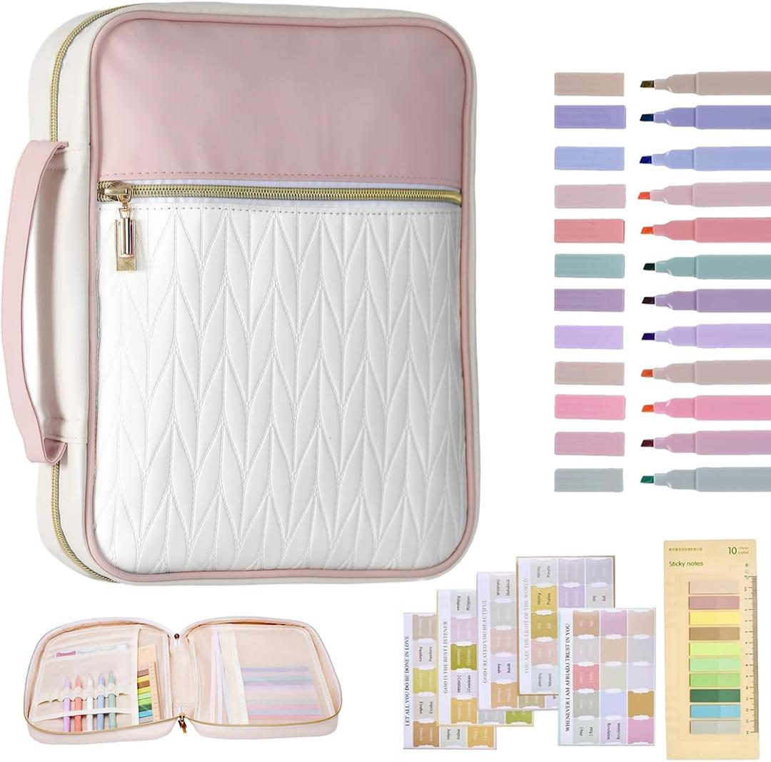 Quilted Vegan Leather Bible Carrying case with Handle, Large Bible Cover for Women & Men, Wheat Pattern Bible Study Supplies & Christian Gift for Women(Pink White)