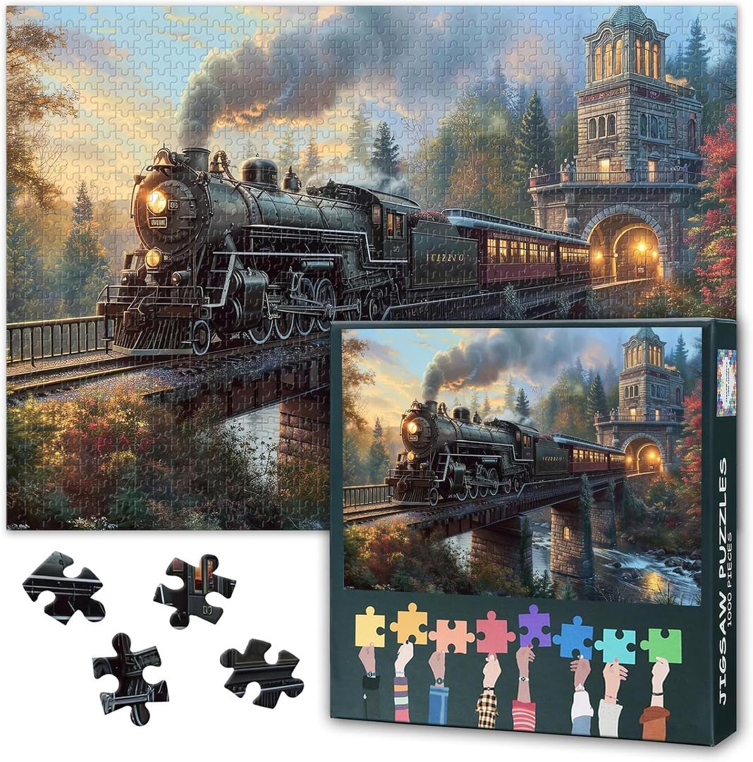 Jigsaw Puzzles 1000 Pieces for Adults, 1000 Piece Puzzles for Adults, Steam Locomotive Speeding Through Jungle, Vintage Train in Mystical Jungle, Challenging Adult Puzzle - 27.5x19.7 Inches