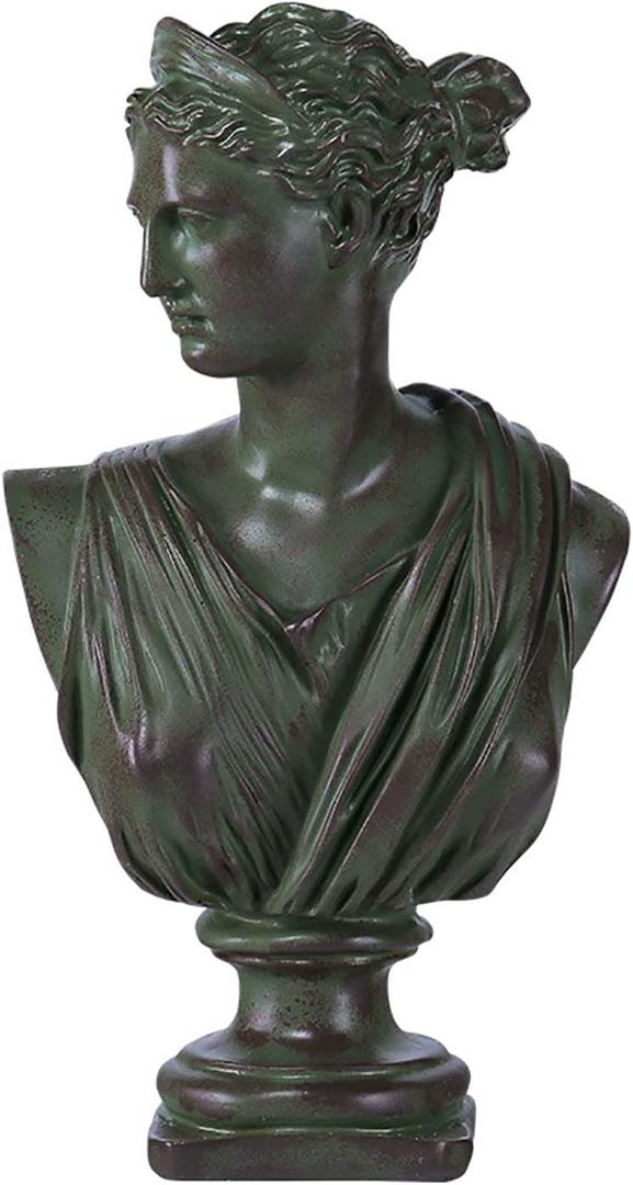 12.5 Inch Greek Statue of Diana, Classic Roman Greek Mythology Head Bust Statue Resin Sculpture Figurines for Home Coffee Table Office Bookshelf Decor Sketch Practice (Vintage Green)