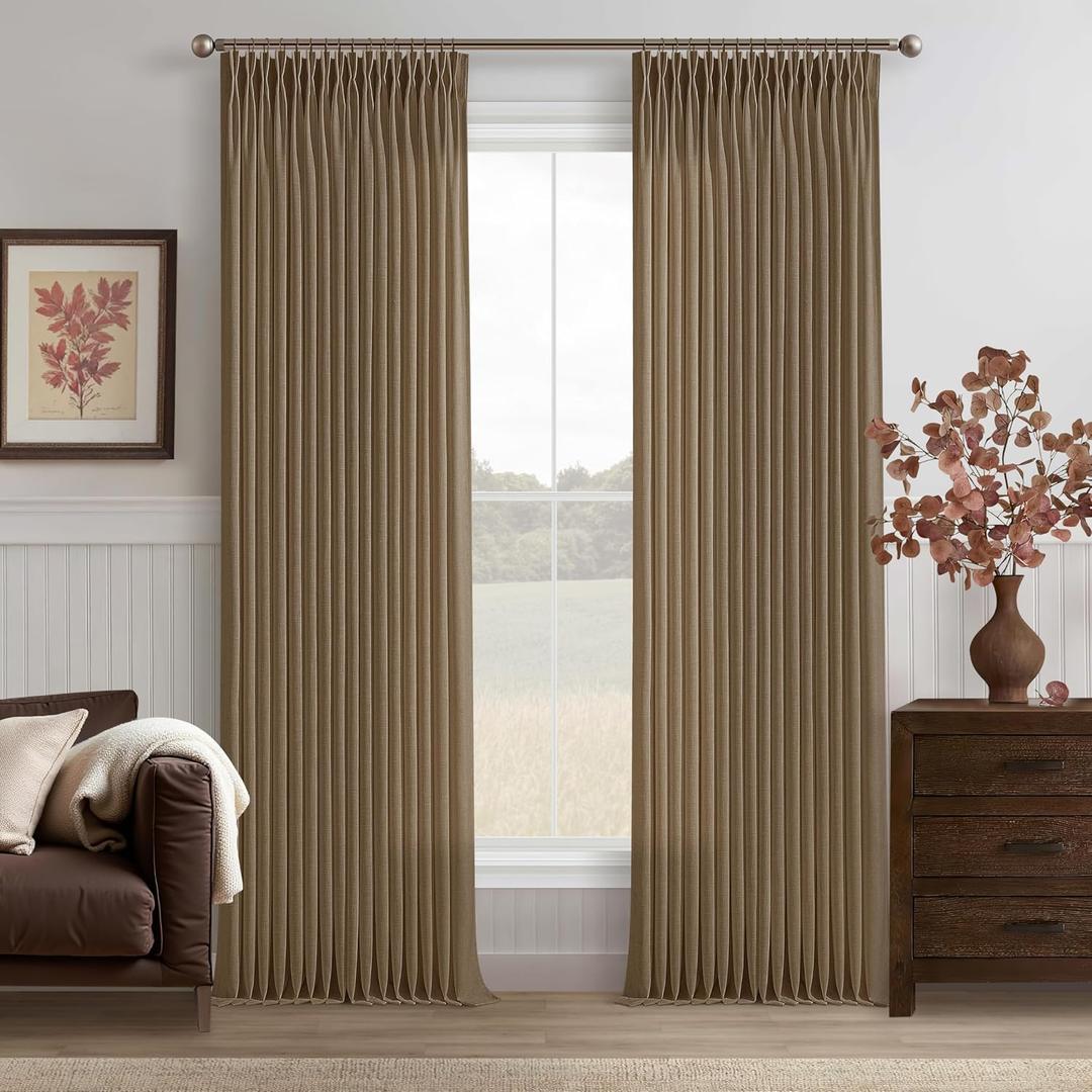 Brown Linen Pinch Pleat Curtains 108 Inches Long 2 Panels for Living Room Bedroom 9 ft Farmhouse Boho Light Filtering Pleated Drapes Semi Sheer Memory Shape Trained Ceiling Floor Curtain Dutch Cocoa, 50"W x 108"L