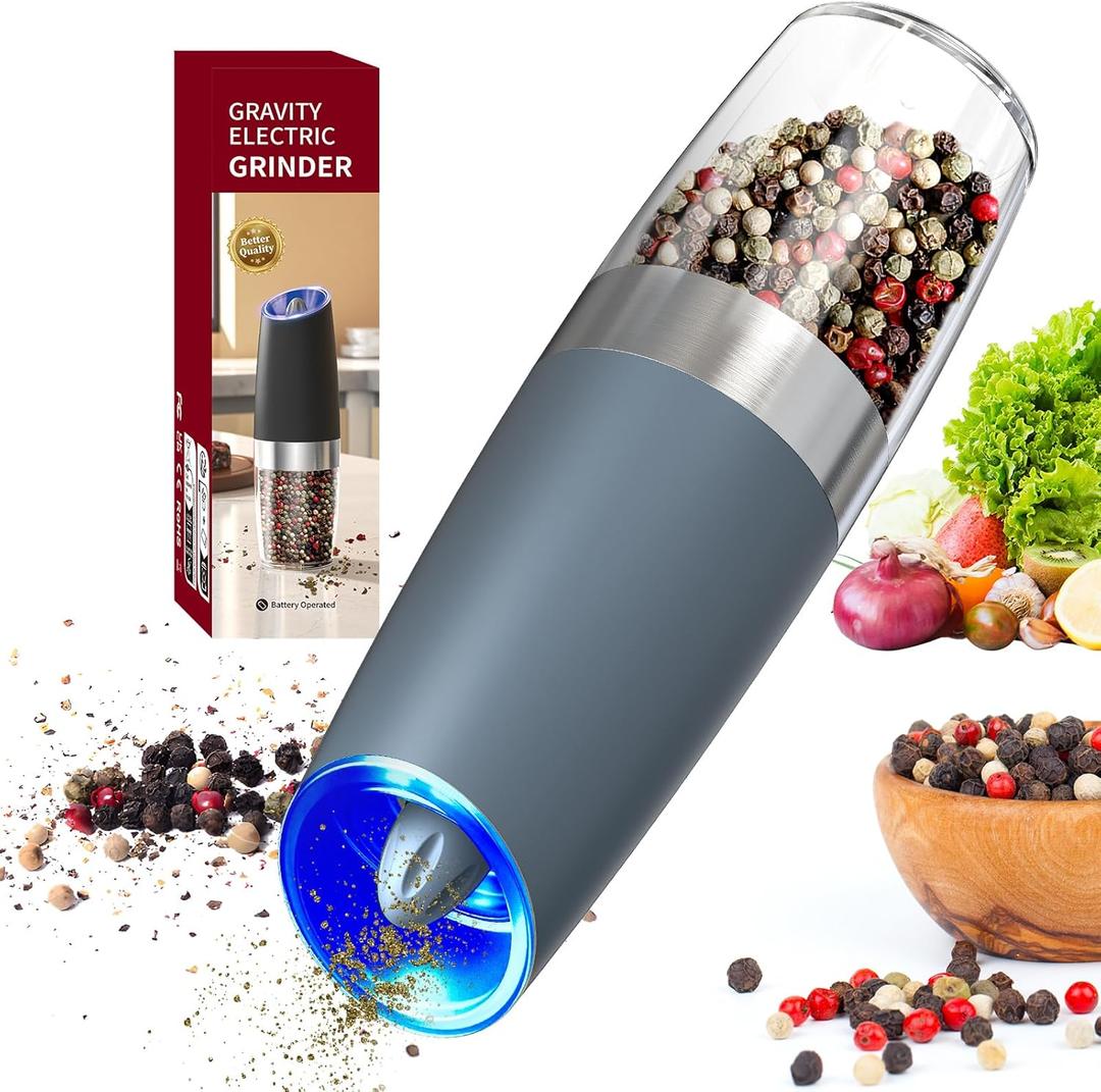 CIRCLE JOY Gravity Electric Pepper Grinder Salt Grinder Pepper Griner Mill Electric with LED Light, Battery Operated, Adjustable Coarseness, Washable 135ml Container, Blue