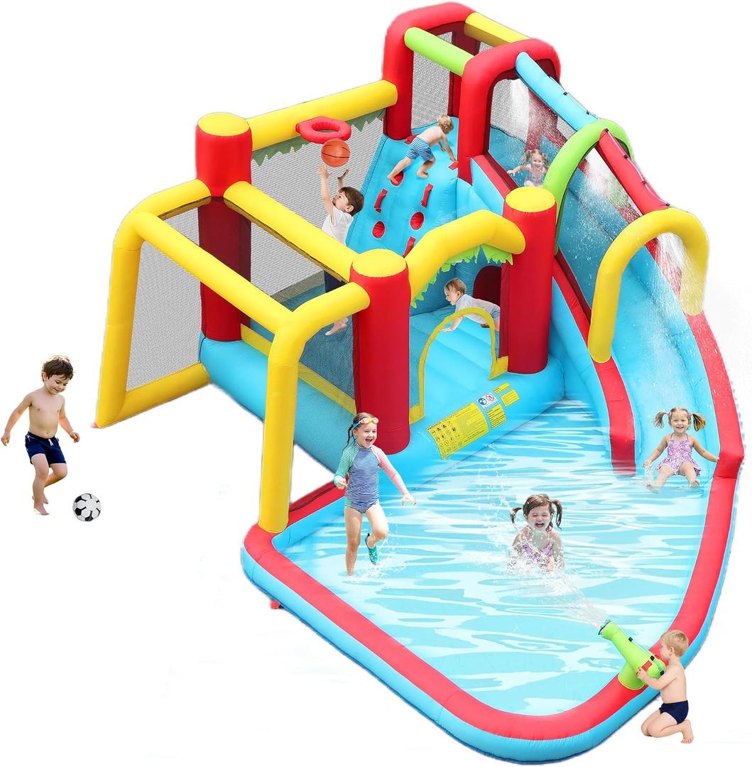 Inflatable Water Slide Bounce Castle with Blower, Dry and Wet Blow Up Jumping Bouncer with Slide, Climbing Wall, Basketball, Funny Tunnel, Soccer, Ball Pit Pool for Outdoor