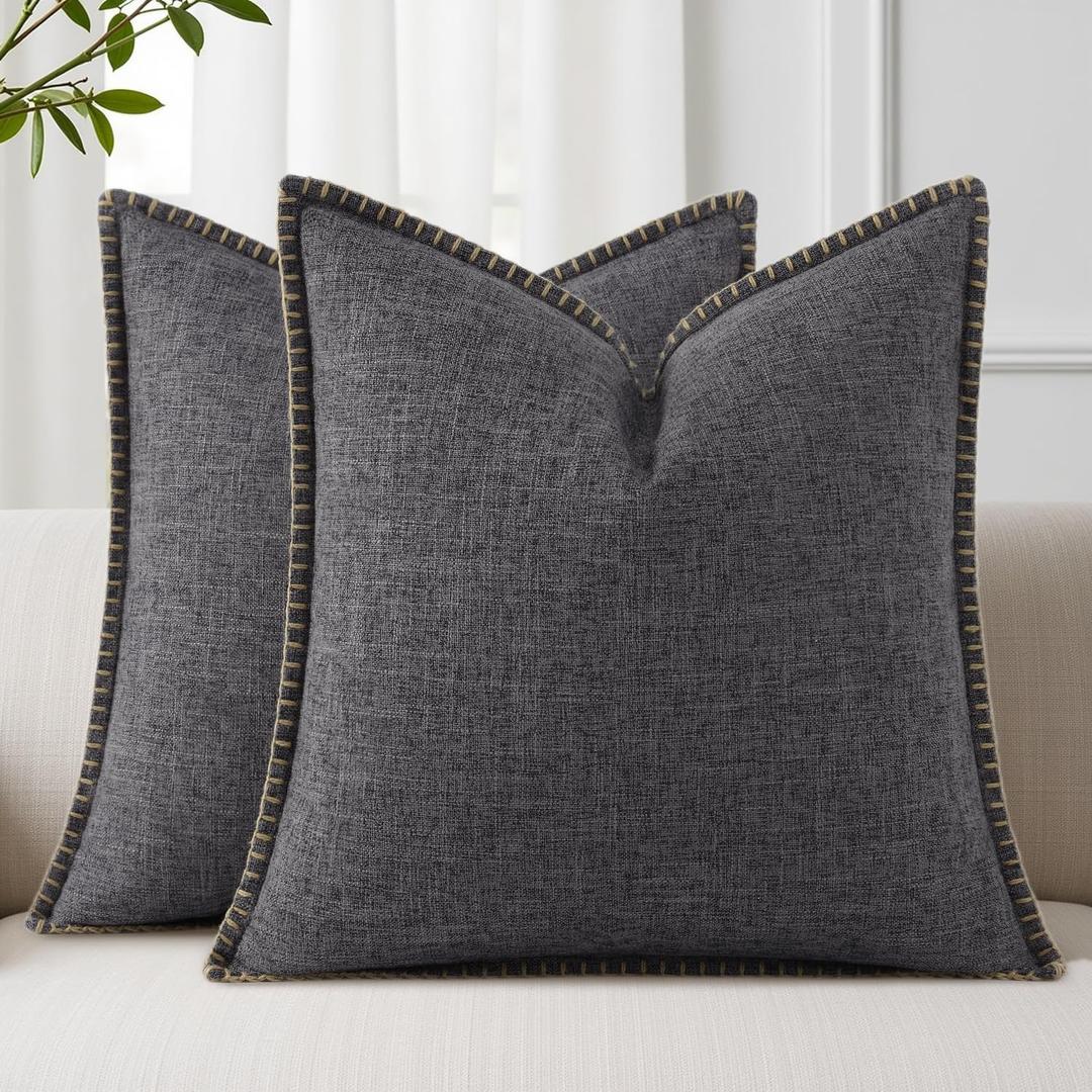decorUhome Summer Decorative Throw Pillow Covers 20x20 Set of 2 Square Faux Linen Farmhouse Pillow Covers with Stitched Edge Outdoor Neutral Pillow Covers for Couch Sofa Living Room, Dark Grey