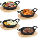 Sets Mini Cast Iron Skillet with Wooden Base Small Cast Iron Plates Skillet Round Fajita Plate Hot Steak Pot Dish for Kitchen Restaurant Barbecue(6.3 Inches)