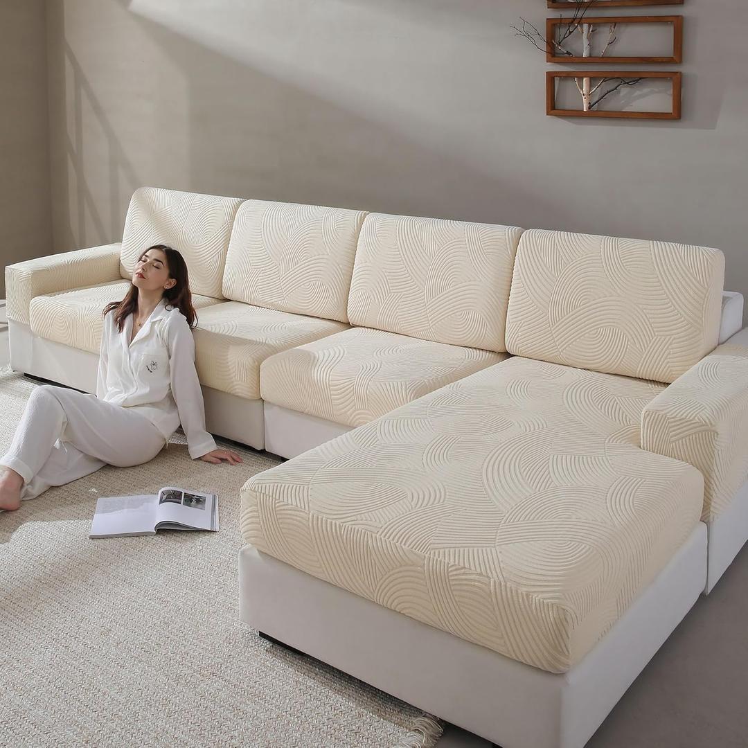 QIANMEW Couch Cushion Covers for Sectional and L Shaped Sofa, Stretch Soft Sofa Covers Washable Wear Resistant Slipcovers Furniture Protector Pet-Friendly (3 Seaters Covers+1 Chaise Cover, Ivory)