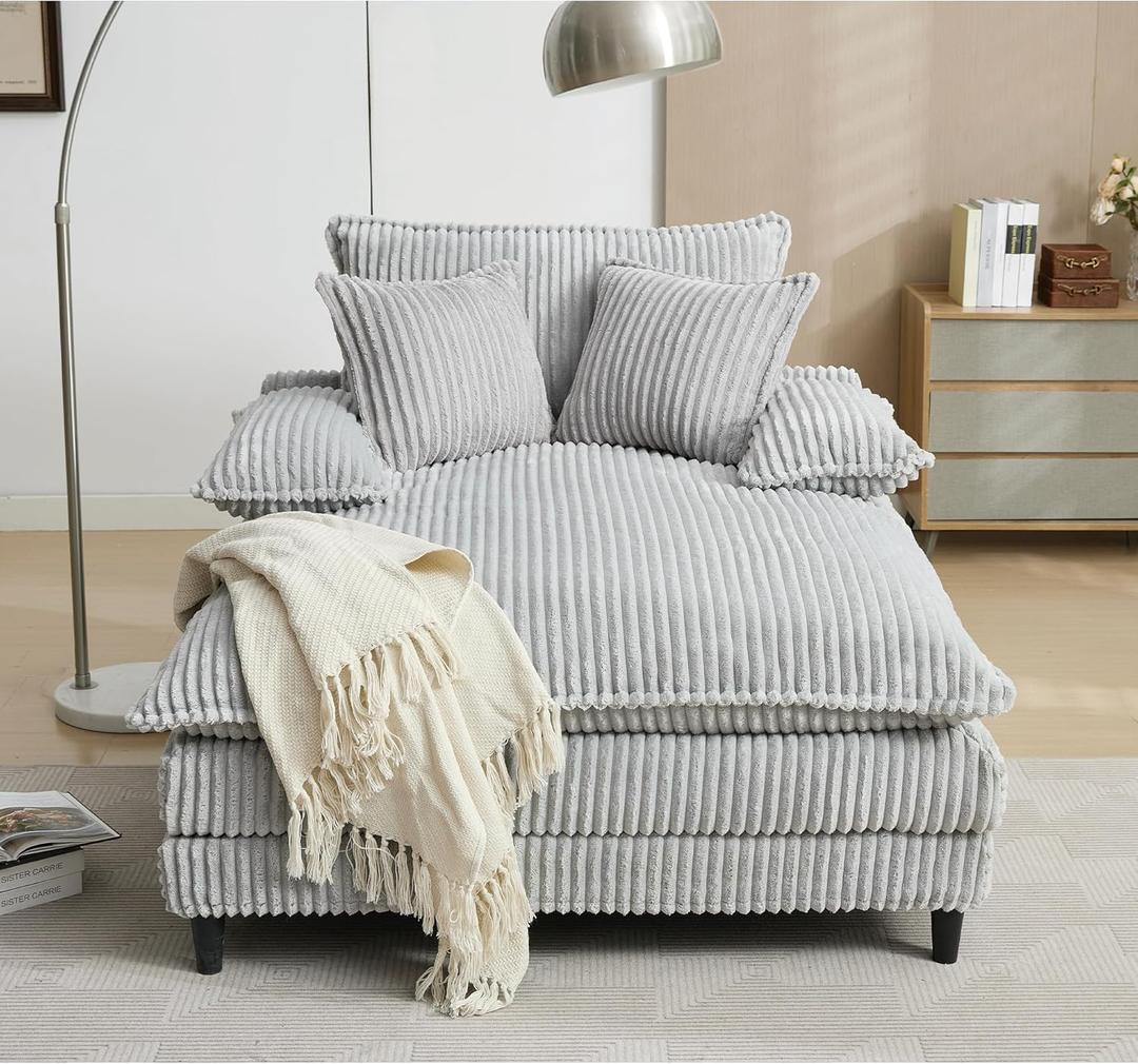 54.8" Oversized Chaise Lounge Chair Cozy Sleeper Sofabed, Plush Corduroy Upholstered Cloud Lounge Sofa Daybed with Detachable Pillow Armrest and 4 Angles Adjustable Backrest (Gray 54.75")
