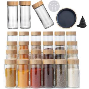 24 pcs Modern Round Glass Spice Jars 120ml with Bamboo Lids - Empty Spice Containers with Shaker Lids and Funnel, No Labels Included, Airtight Storage Jars for Spices, Herbs, Seasonings