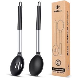 Pack of 2 Large Silicone Cooking Spoons, Non-Stick Solid Basting Spoon, Heat-Resistant Kitchen Utensils for Mixing, Serving, Draining, Stirring (BLACK)