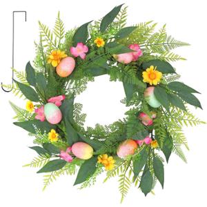 22 Inchs Spring Easter Wreath, Farmhouse Artificial Spring Wreath, Decor with Colorful Easter Eggs, Yellow and Pink Flowers & Green Eucalyptus Leaves, for Door Wall Window Fences (01 Light Green - Elegant)