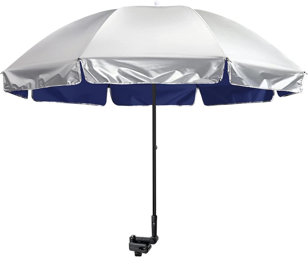 G4Free UPF 50+ Universal Clamp On Umbrella Adjustable Outdoor UV Protection Beach Chair Umbrella for Strollers, Wheelchairs, Patio Chairs, and Golf Carts (Blue)