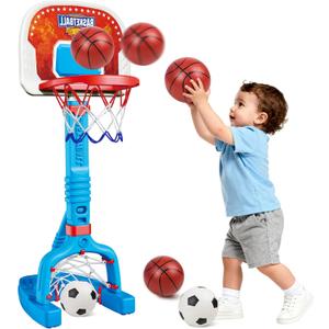 LPFG Toddler Basketball Hoop Indoor, Adjustable Kids Basketball Hoop and Soccer Goal for Ages 1-3 3-5, Portable Mini Basketball Hoop Set with 4 Balls for Boys Girls Child Indoor Outdoor Poolside