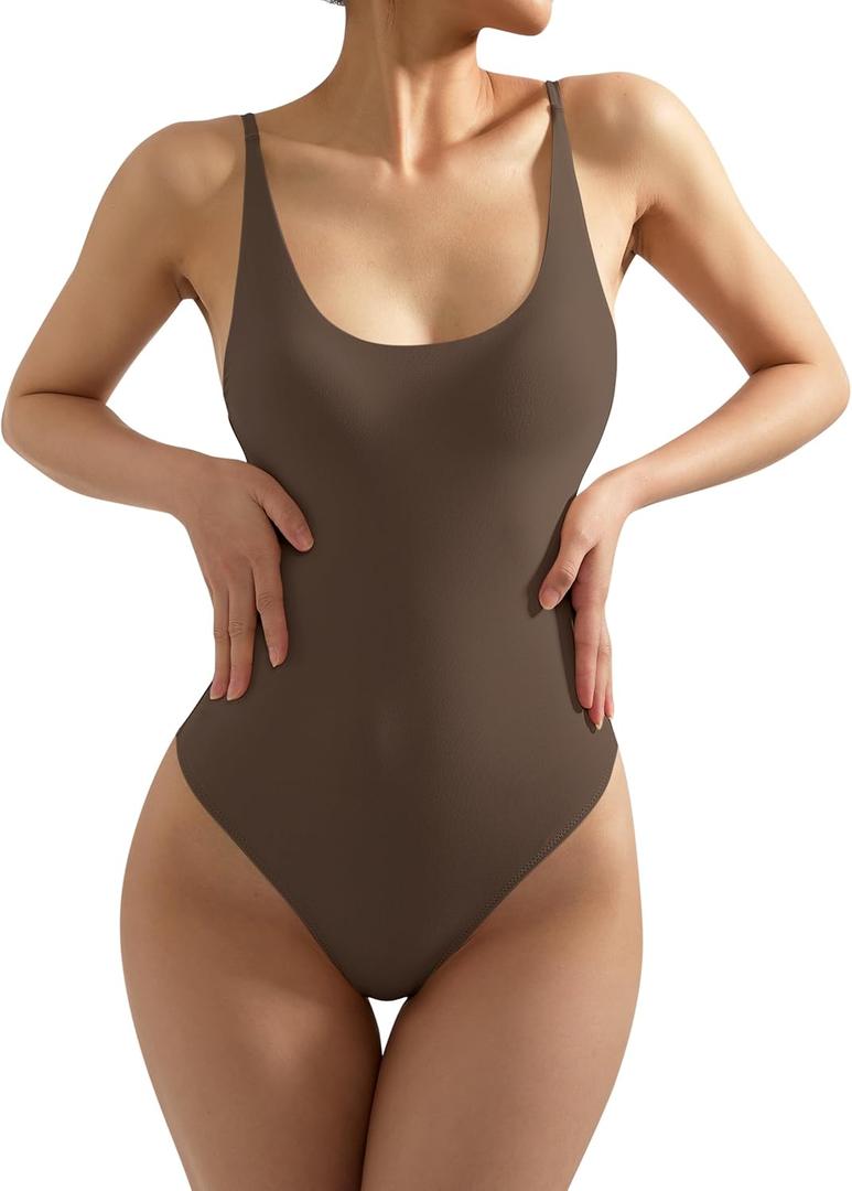 SUUKSESS Women Sexy Scoop Neck Thong Bodysuit Backless Cami Bodysuit Top (Large, 02 Brown)