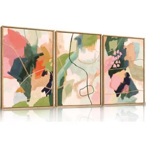Colorful Abstract Framed Canvas Wall Art Set,Modern Multicolor Pastel Minimalist Line Wall Decor,Boho Green and Pink Painting for Living Room,Bedroom-16 x24 x3