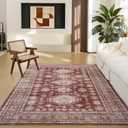 Boho Area Rug 8x10 - Vintage, Non Slip, Washable, Durable, Low Pile Rug for Living Room, Bedroom, Dining Room, Oriental Soft Distressed Printed Carpet, Burgundy