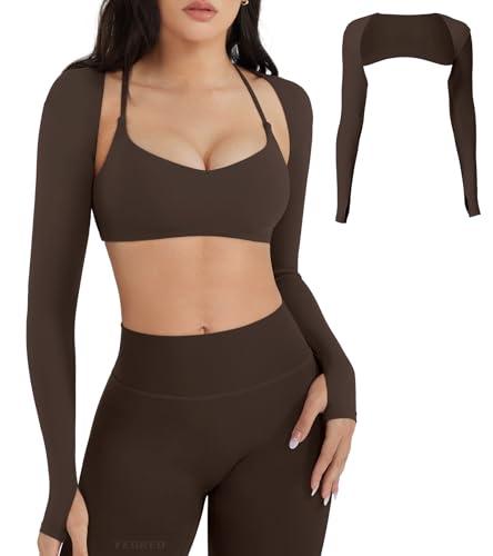 YEOREO Women Crop Top Long Sleeve Bolero Open Front Workout Cropped Shirts Sports Shrug (Coffee, M)
