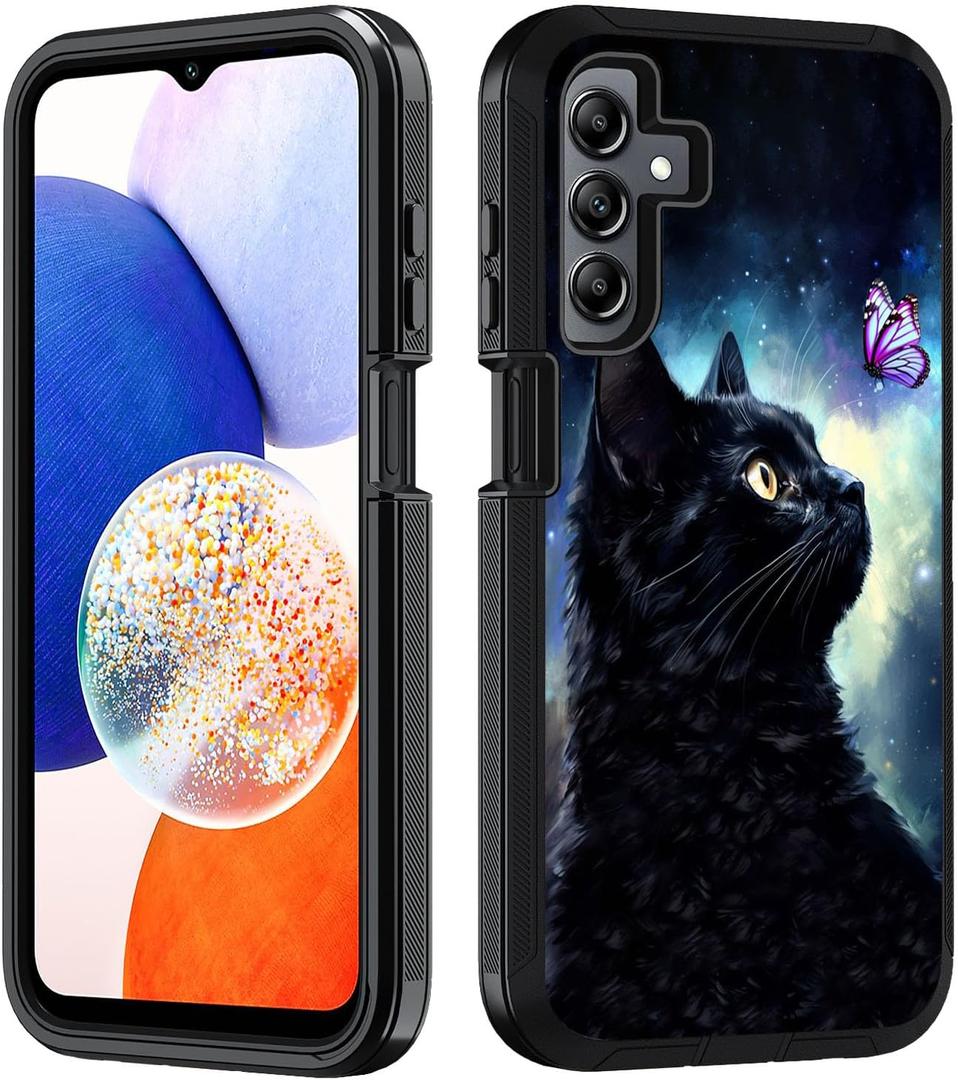 for Samsung Galaxy A15 5G Case, Heavy Duty 3 in 1 Hybrid Hard PC & Soft Silicone Shockproof Drop Protection Case for Samsung Galaxy A15 5G 2024, Black Cat and Butterfly