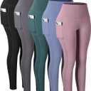 CHRLEISURE Leggings with Pockets for Women, High Waisted Tummy Control Workout Yoga Pants (Large, 5 Packs - Black/Gray/Pink/Blue/Green)