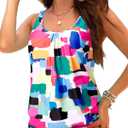 Yonique Womens Blouson Tankini Top No Bottom Loose Fit Swim Top Modest Tank Top (X-Large, Color Block)