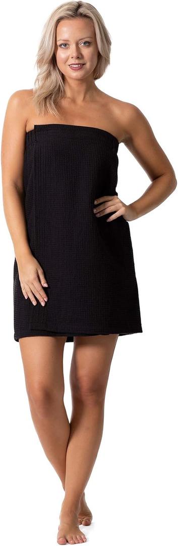 Turkish Linen Womens Waffle Spa Body Wrap with Adjustable Closure (XX-Large, Black)