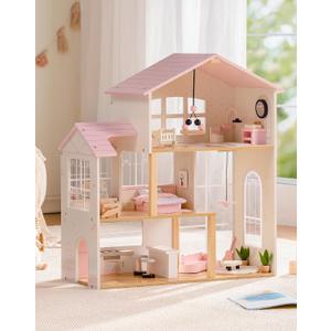 ROBUD Wooden Doll House for Girls，Dollhouse Kit with 6 Rooms & 37 Pcs Dollhouse Furnitrue Accessories, Pink Montessori Doll House for 3+, WDH22