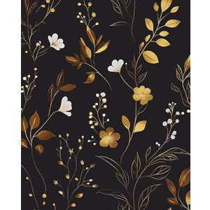 Black Floral Wallpaper Peel and Stick, Dark Gold Vintage Flower Contact Paper 17.5" x 393.7", Golden/White Botanical Wall Paper Self Adhesive Waterproof Removable for Room Cabinet Drawer Table Decor