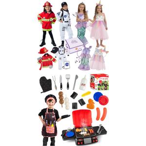 Born Toys Toddler Dress Up Clothes for Little Boys & Girls, Washable Kids Costumes for Girls 3-7, 4-in-1 Costume Set and Grilling Set