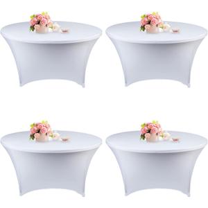 Fivenl 4 Pack 5FT Round Spandex Tablecloth, 60 Inch White, Stretchable Table Cover, Washable and Wrinkle Resistant, Fitted Round Table for Wedding, Banquet, Birthday, Party, Restaurant