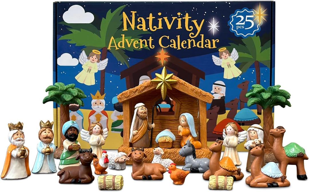 Nativity Advent Calendar 2025  24 Days Christmas Nativity Scene Set, 25-Piece Holiday Countdown Gift for Kids & Family
