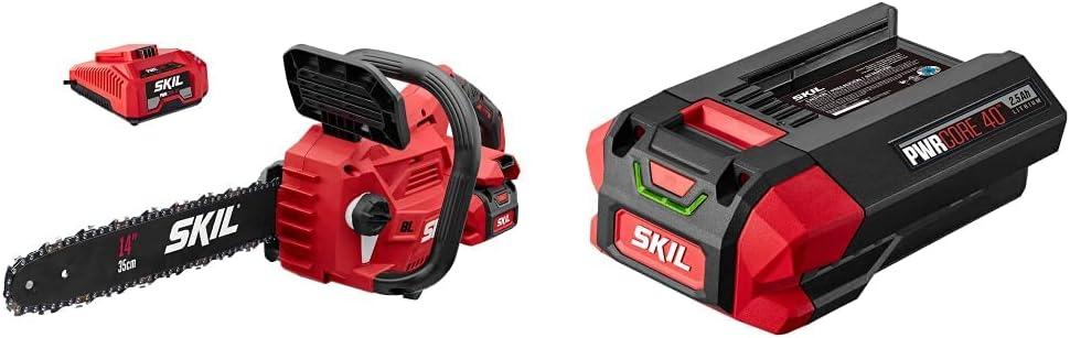 SKIL PWR CORE 40 Brushless 40V 14 Lightweight Chainsaw Kit, Includes 2.5Ah Battery and Auto PWR Jump Charger - CS4555-10 & BY8705-00 PWRCore 40 2.5Ah 40V Lithium Battery