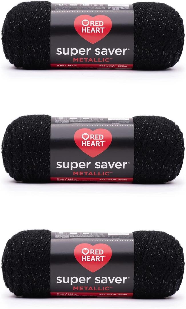 Red Heart Super Saver Metallic Black Yarn - 3 Pack of 5oz/142g - Acrylic - 4 Medium (Worsted) - 255 Yards - Knitting/Crochet