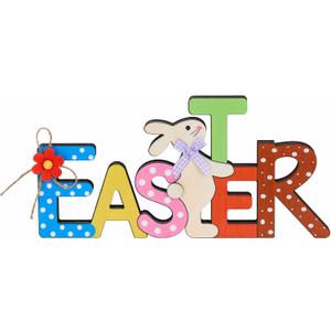 Funny Easter Table Decorations - Colourful Wooden Bunny Easter Sign, Freestanding Spring Easter Decorations for Home, Kitchen, Office, Mantel, Shelf, Tiered Tray, Rustic Farmhouse Party Decor
