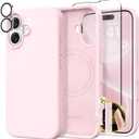 GONEZ Magnetic for iPhone 16 Case, Compatible with MagSafe, [Screen Protector + Camera Lens Protector], Liquid Silicone Shockproof Protective Phone Case for iPhone 16 6.1", Chalk Pink