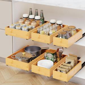 RESENSTORE 3 Pack Bamboo Pull Out Cabinet Organizer,Slide Out Drawers for Kitchen Cabinets,Fixed with Nano Adhesive Film Multifunctional Drawer Organizers For Pantry Bathroom Bedroom