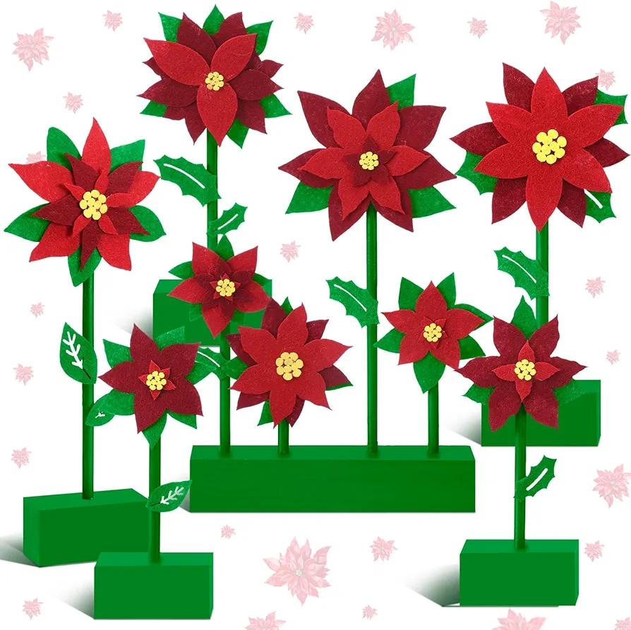 SmoothNovelty 9 Pcs Christmas Poinsettia Table Centerpieces Felt Artificial Flower Decorations Xmas Party Table Decor Red Green Floral Centerpiece for Home Office Holiday Supplies