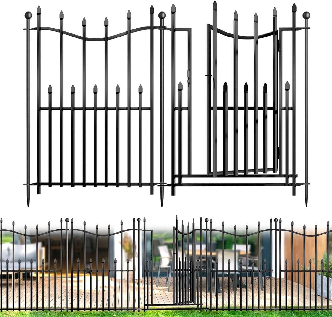 5 Panels No Dig Decorative Garden Fence with Gate, 32in(H)  11ft(L) Heavy-Duty Rustproof Metal Panels, Outdoor Dog Barrier for Yard & Patio, Landscape, Border| Portable Temporary Fencing