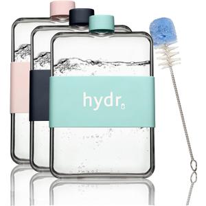 hydr | 15oz Flat Water Bottle For Purse & Flexible Cleaning Brush | BPA Free Square Water Bottle | Leak/Drop Proof Slim Water Bottles For Travel, small water bottle (Lake blue)