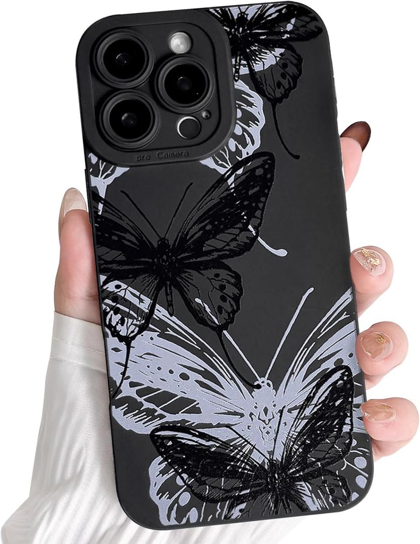 NITITOP Compatible with iPhone 16 Pro Max Case Cute Aesthetic Butterfly Pattern for Women Girls Soft TPU Shockproof Stylish Full Camera Protective Phone Cover - Black White