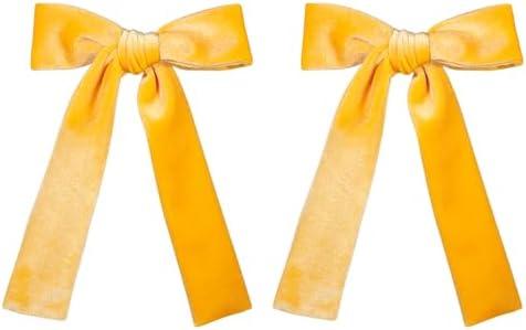 Yellow Velvet Ribbon Hair Bows 5" Soft Velvet Bow Alligator Clip Barrettes Toddler Teen Long Tail Ponytail Knot Bows Hair Accessories for Little School Girls Kids Baby Pack of 2