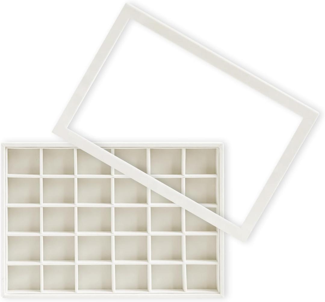 Wudygirl Jewelry Organizer Stackable Jewelry Tray for Drawer Velvet Earring Holder Organizer with Lid Dust-proof Earring Case Ring Storage for Women Drawer Inserts 30 Grid (Beige) (1 Pcs+Lid)