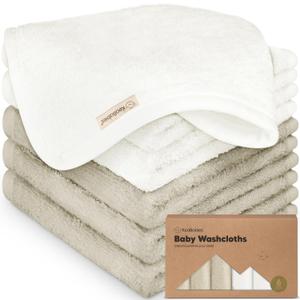 6-Pack Soft Baby Washcloths, Viscose from Bamboo - Kids, Newborn Bath Towels, Infant Shower, Toddler Reusable Face Towel, Gentle on Skin, Face Wash Cloths for Babies, 10x10 (White/Stone)