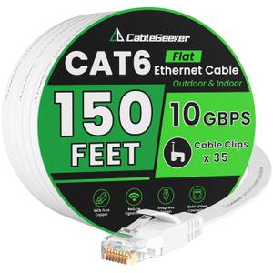 Cat 6 Ethernet Cable 150 ft White, Flat Cat6 Internet Network Cable, High Speed 10Gbps Computer Cord with 35 Clips & 4 Straps, RJ45 LAN Patch Cord for Outdoor, Indoor, Modem, Router, PS4/5