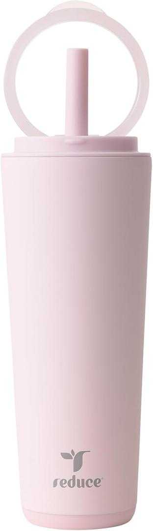 REDUCE Halo 24 oz Stainless Steel Vacuum Insulated Tumbler - Spill Proof Travel Mug with Flip Handle Lid - Keeps Drinks Cold for 32 Hrs - Dishwasher Safe - Cupholder Friendly - Pink Quartz