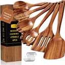 Wooden Spoons for Cooking, 6PCS Teak Wood Cookware Utensil Set with Hooks - Smooth Finish, Non-Stick, Comfortable Grip, Heat Resistant Kitchen Utensils