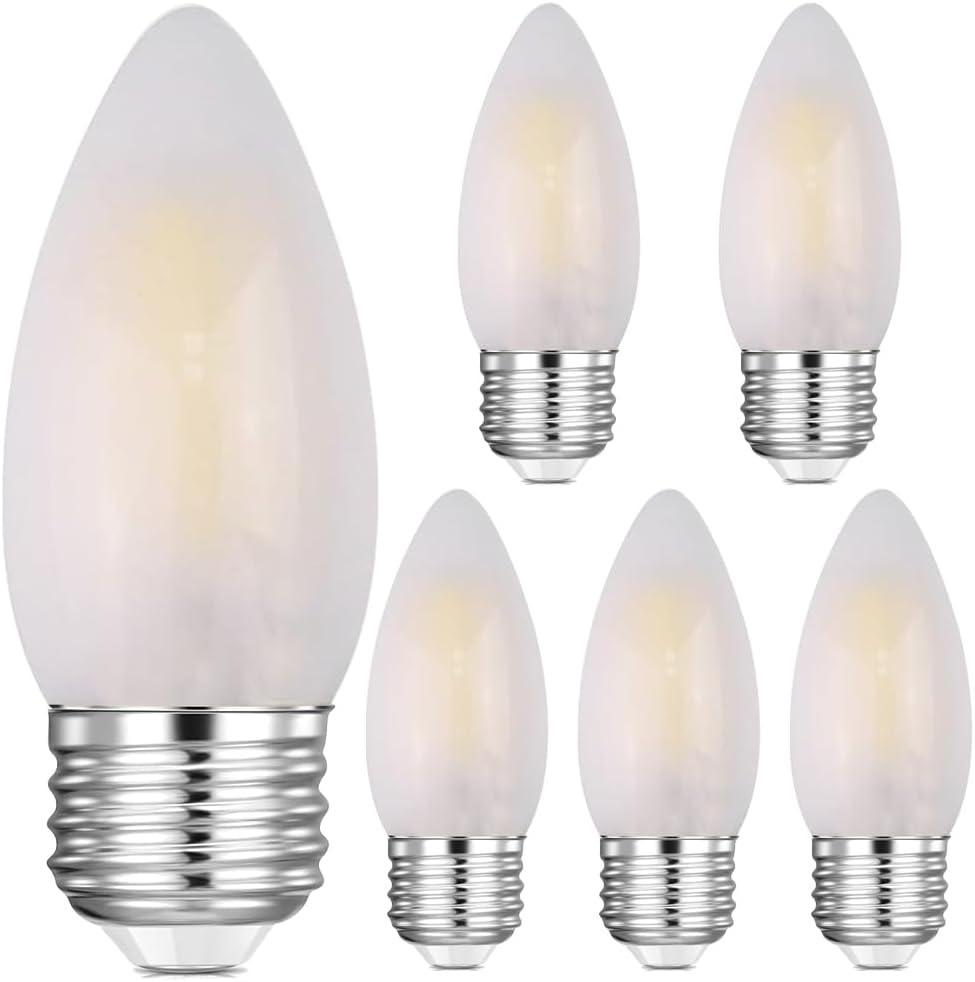 E26 Candelabra Light Bulbs Frosted Chandelier Light Bulbs 25watt Equivalent 2700K Warm White B11 Torpedo Tip Dimmable 2W LED Decorative Candle Light Bulbs (6)