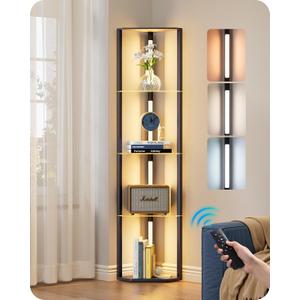 EDISHINE Floor Lamp with Shelves, 5-Tier Glass Display Shelf with Remote/Foot Control, 5CCT & Dimmable Corner Shelf Lamp, Open Display Cabinet, Floor Lamps for Living Room, Bedroom, Black