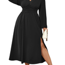Womens Plus Size Wedding Guest Cocktail Maxi Dress Long Sleeve Elastic Waist V-Neck A-Line Side Slit Flowy Dresses, 3XL