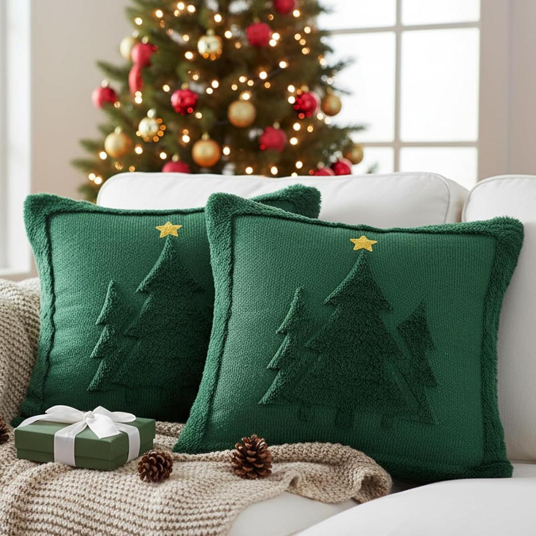 St. Patrick' Day Pillow Covers, Set of 2 Decorative Soft Christmas Trees Throw Pillow Covers for Holiday Winter Home Decor Chair Sofa Bedroom Living Room,Green 18x18inch